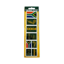 Assorted South African flag and "Go Bokke" supporter olive temporary tattoos on skin