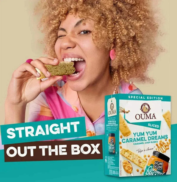 Ouma Rusks Yum Yum Caramel Dreams 500g package, traditional South African tea-time snack