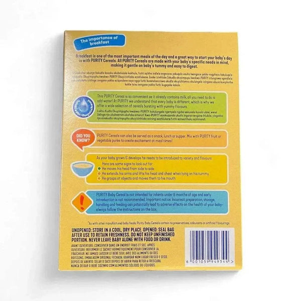 Back view of Purity Cereal with Milk & Honey 200g box showing product information and preparation instructions for baby cereal.