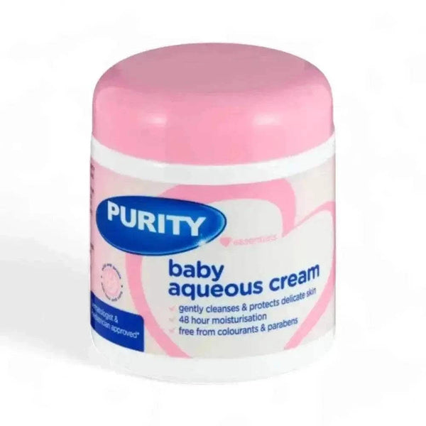 Purity Essentials Baby Aqueous Cream 450ml bottle for gentle, paraben-free baby skincare and 48-hour hydration