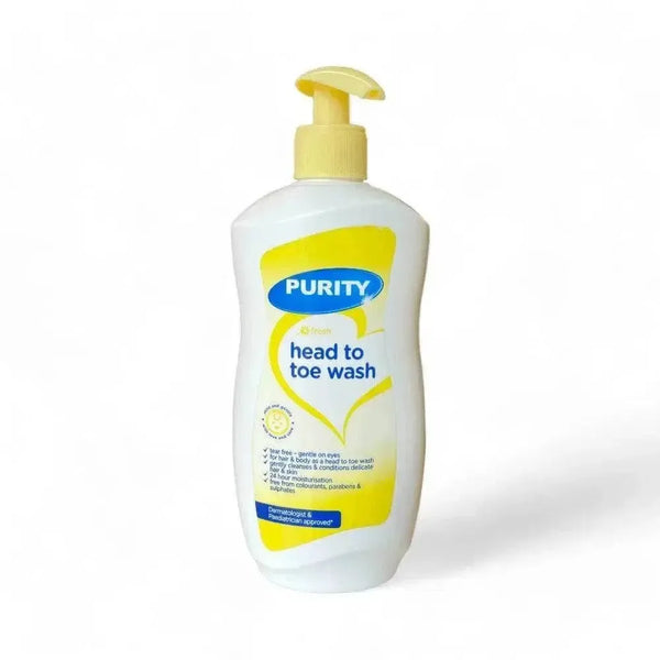 Purity Fresh Head to Toe Wash 500ml bottle for gentle, tear-free cleansing of hair and body with 24-hour moisture and conditioning