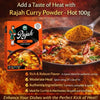 Rajah Curry Powder Hot 100g pack with turmeric, coriander, and cumin for authentic spicy Indian curry flavor