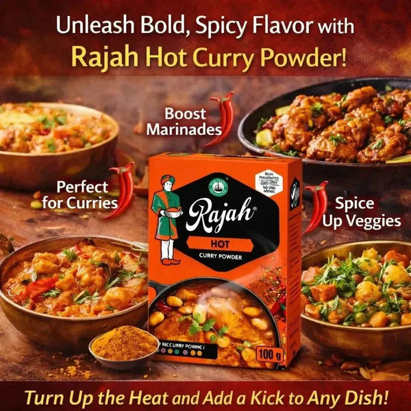 Rajah Curry Powder Hot 100g pack with turmeric, coriander, and cumin blend for authentic Indian curry flavor and moderate heat