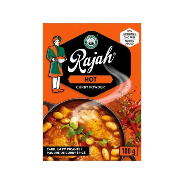 Rajah Curry Powder Hot 100g pack with turmeric, coriander, and cumin for spicy Indian dishes
