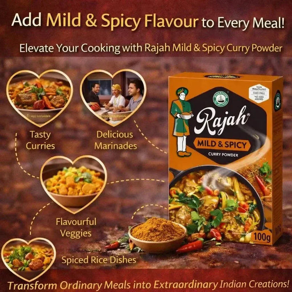 Rajah Curry Powder Mild & Spicy 100g pack with authentic Indian spice blend for flavorful curries and dishes