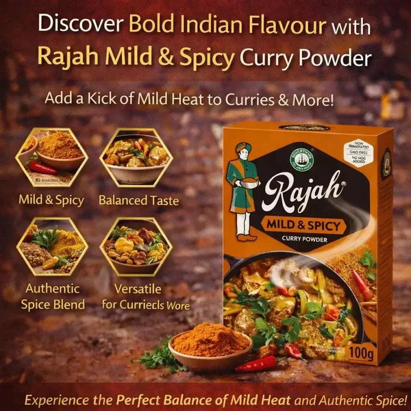 Rajah Curry Powder mild and spicy 100g pack for authentic Indian cuisine and versatile cooking uses