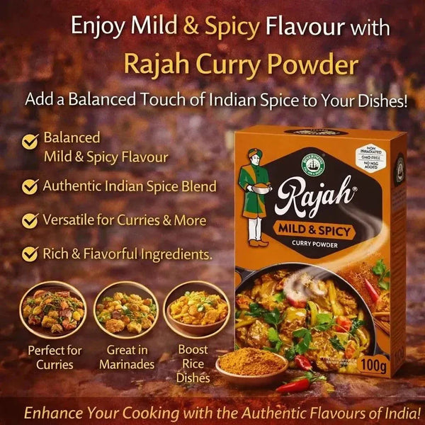 Rajah Curry Powder Mild and Spicy 100g pack for authentic Indian cuisine