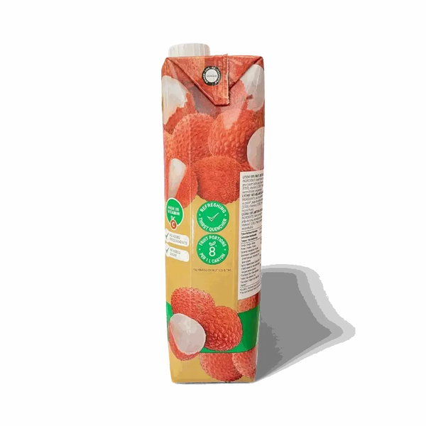 Rhodes 100% Fruit Juice Litchi 1 Litre carton with lychee fruit imagery and nutrition labels
