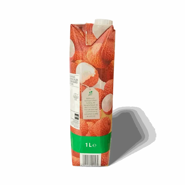 Rhodes 100% Fruit Juice Litchi 1 Litre carton with lychee fruit images and green label