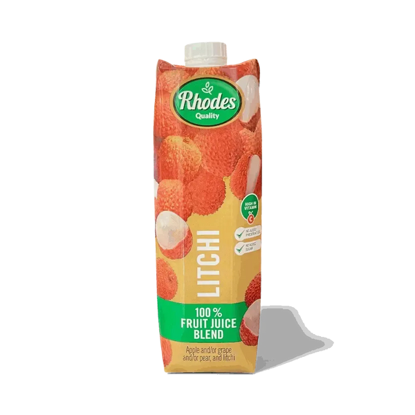 Rhodes 100% Fruit Juice litchi blend carton with lychee images and green label