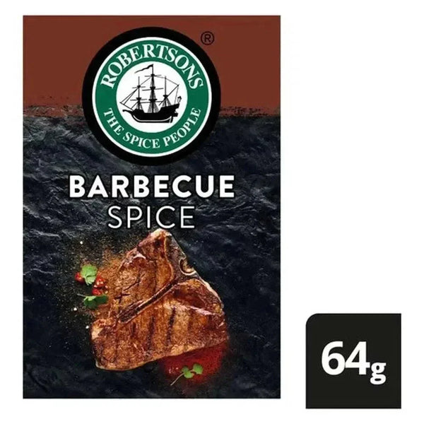 Robertsons Refill BBQ Spice 64g bottle for enhancing meat dishes with rich tangy flavor