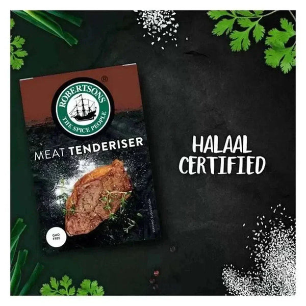 Robertsons Refill Meat Tenderiser 100g packaging with spices and herbs for flavor enhancement and cooking time reduction