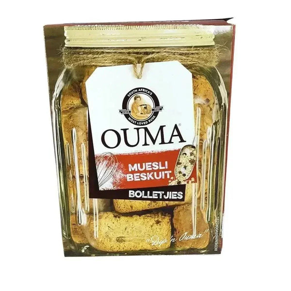 Ouma Rusks Muesli 500g pack showcasing traditional South African crunchy snack with raisins and oats