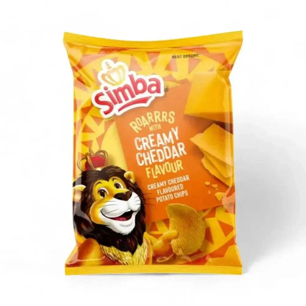 Simba Chips Creamy Cheddar 120g bag with cheesy potato chips inside