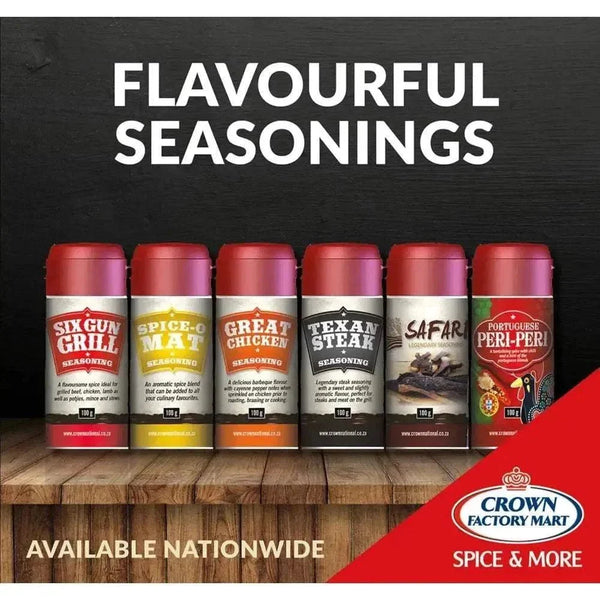 Crown National Six Gun Grill Spice Shaker 100g with celery, onion, paprika, cumin, and cayenne blend for grilling and cooking.