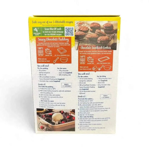 Snowflake Creations Saucy Chocolate Pudding 510g baking kit with chocolate loaf and sandwich cookie options