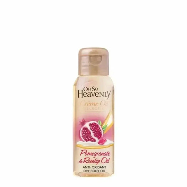Oh So Heavenly Creme Oil dry body oil bottle with pomegranate and rosehip ingredients on white background