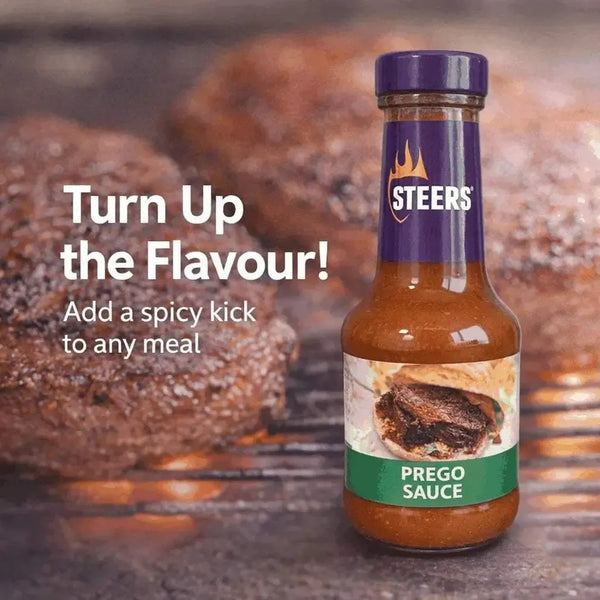 Steers Prego Sauce 375ml bottle and serving suggestion