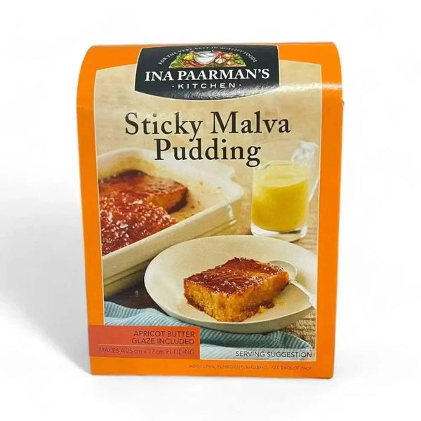 Ina Paarman's Sticky Malva Pudding 500g box with rich apricot butter glaze and moist spongy texture