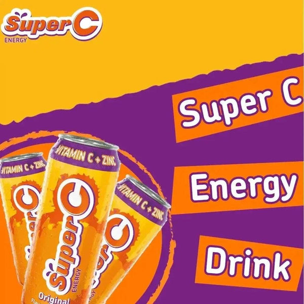 500ml can of Super C Energy Drink with citrus flavor and vitamin C boost