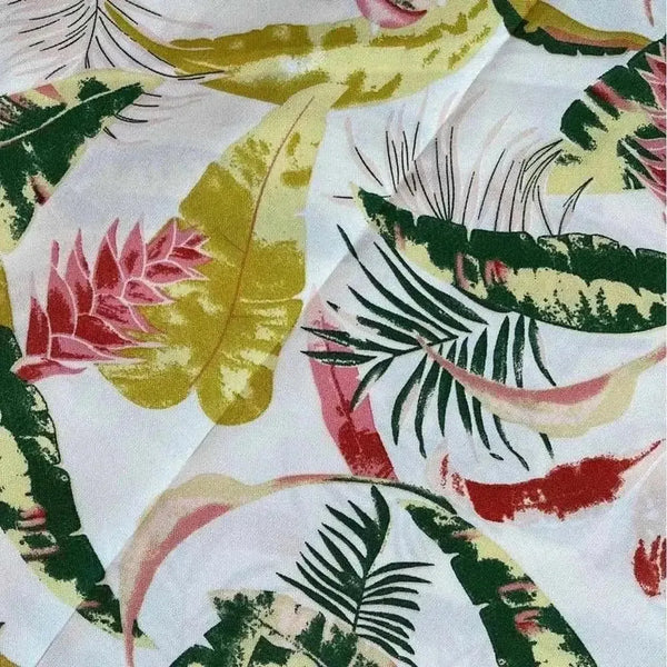 Beige tablecloth with pink and mustard tropical flowers, 275x140cm, elegant and durable design