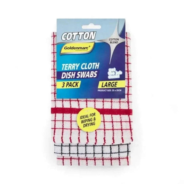 Set of 3 large Terry Cloth Dish Swabs in red and black grid pattern, 100% cotton, machine washable, ideal for wiping and drying dishes.