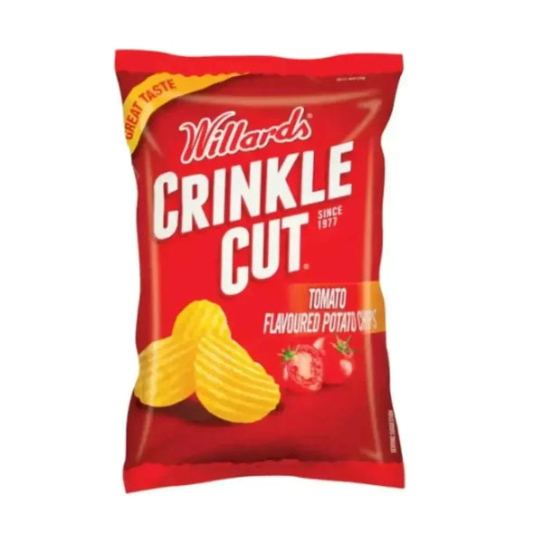 Willards Crinkle Cut Tomato Chips 120g pack with thick, tangy, crunchy South African flavor