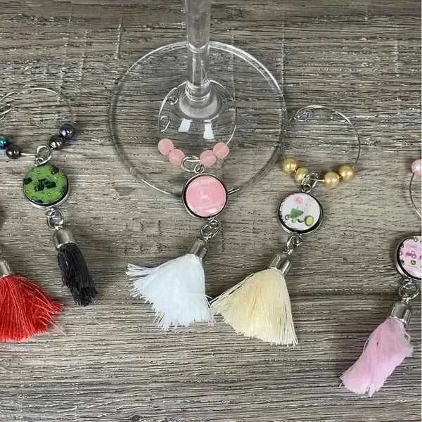 Set of 6 John Deere wine glass charms with 1.5cm charms and 4cm rings