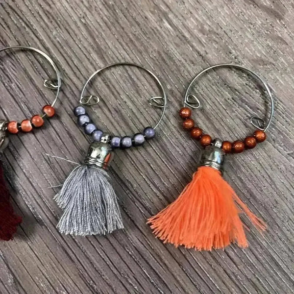 Set of 6 colorful tassel wine glass charms, each with 4cm rings