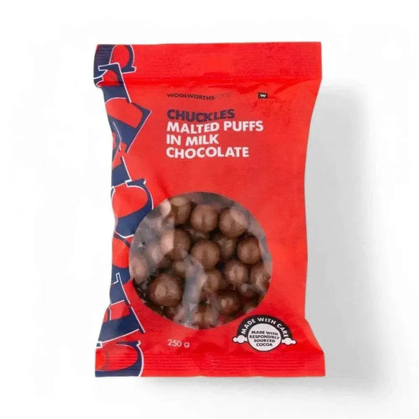 Woolworths CHUCKLES® Chocolate & Malted Puffs 250g in red packaging.