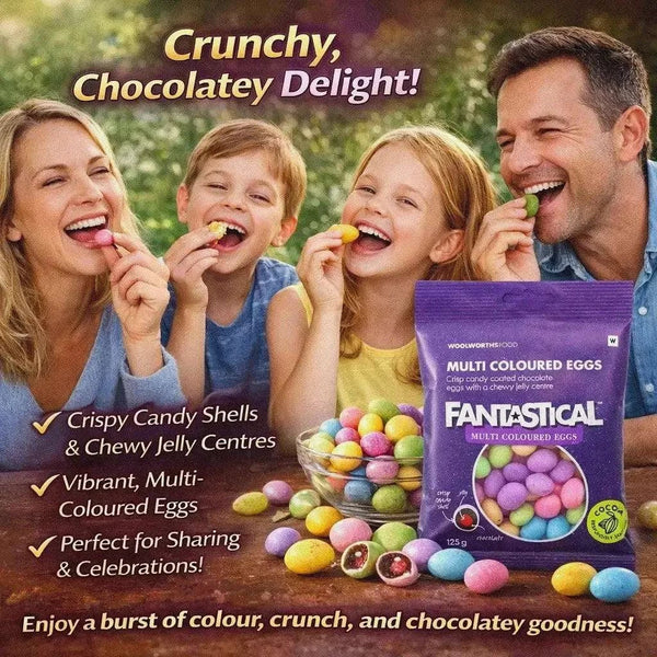 Woolworths Fantastical coloured candy-coated chocolate eggs with chewy jelly centre and vibrant multi-colours