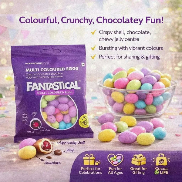 Woolworths Fantastical multicoloured candy-coated chocolate eggs with chewy jelly centre in 125g pack
